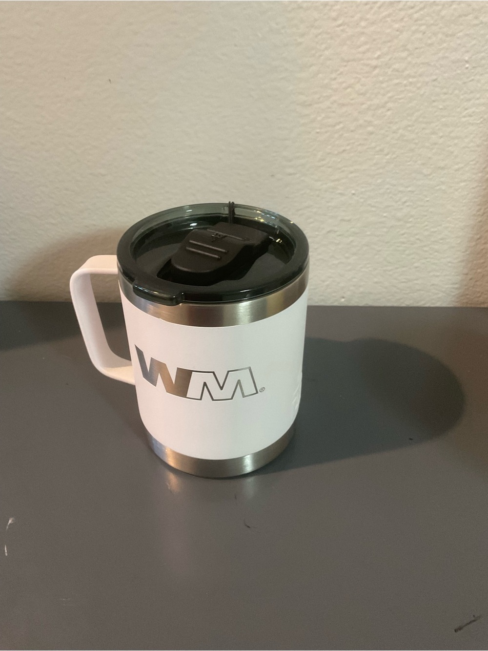 WM Insulated White Travel Coffee Mug with Handle